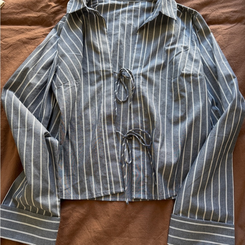 Striped Tie-Front Button Top - Blue and White